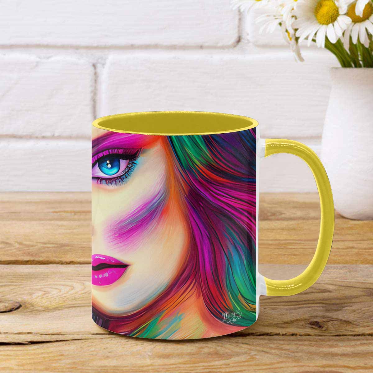 Coffee mug, tea cup, multicolor mug, caucasian type face, design 31