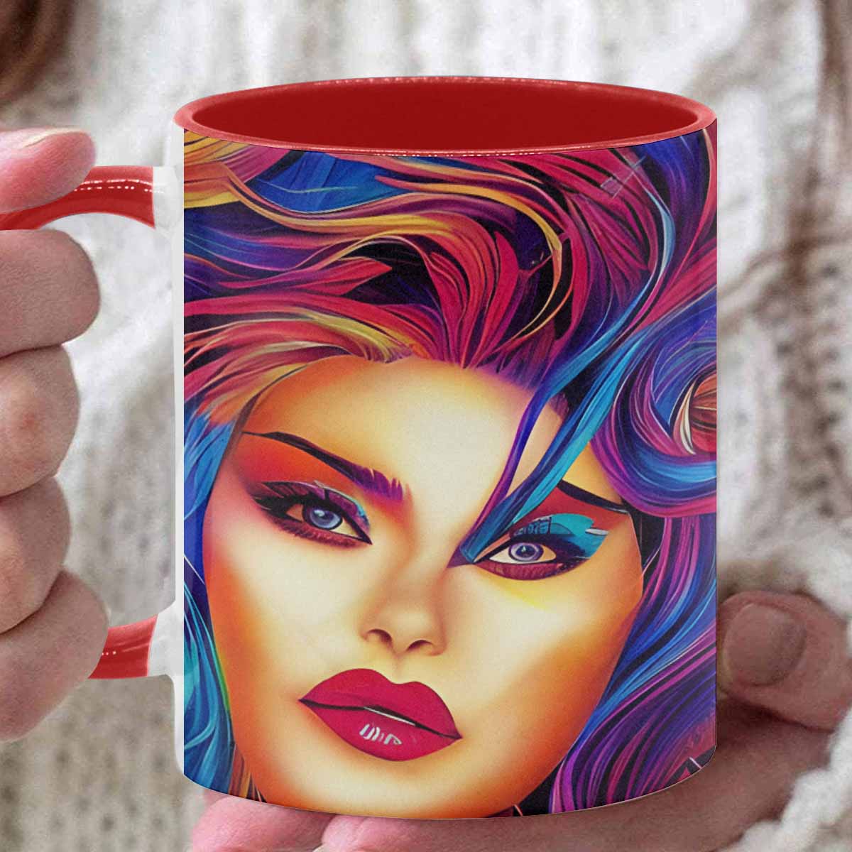 Coffee mug, tea cup, multicolor mug, caucasian type face, design 33