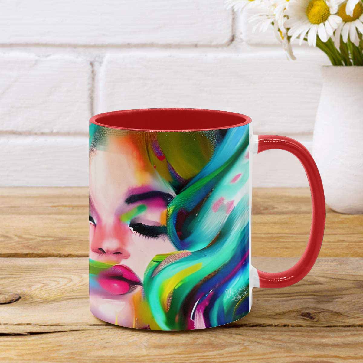 Coffee mug, tea cup, multicolor mug, caucasian type face, design 21