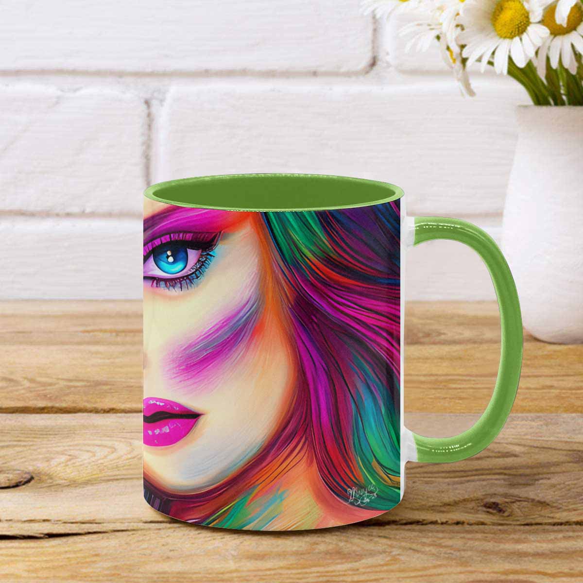 Coffee mug, tea cup, multicolor mug, caucasian type face, design 31