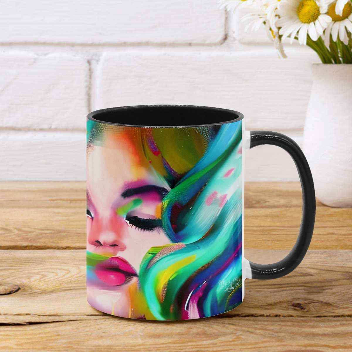 Coffee mug, tea cup, multicolor mug, caucasian type face, design 21