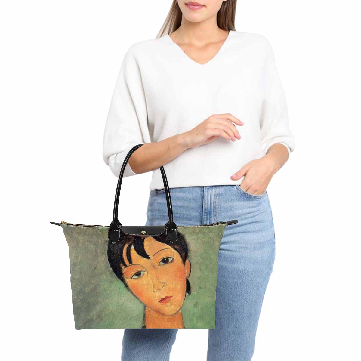 Classic handbag, Modigliani design, choice of 2 colors, Girl with a black robe