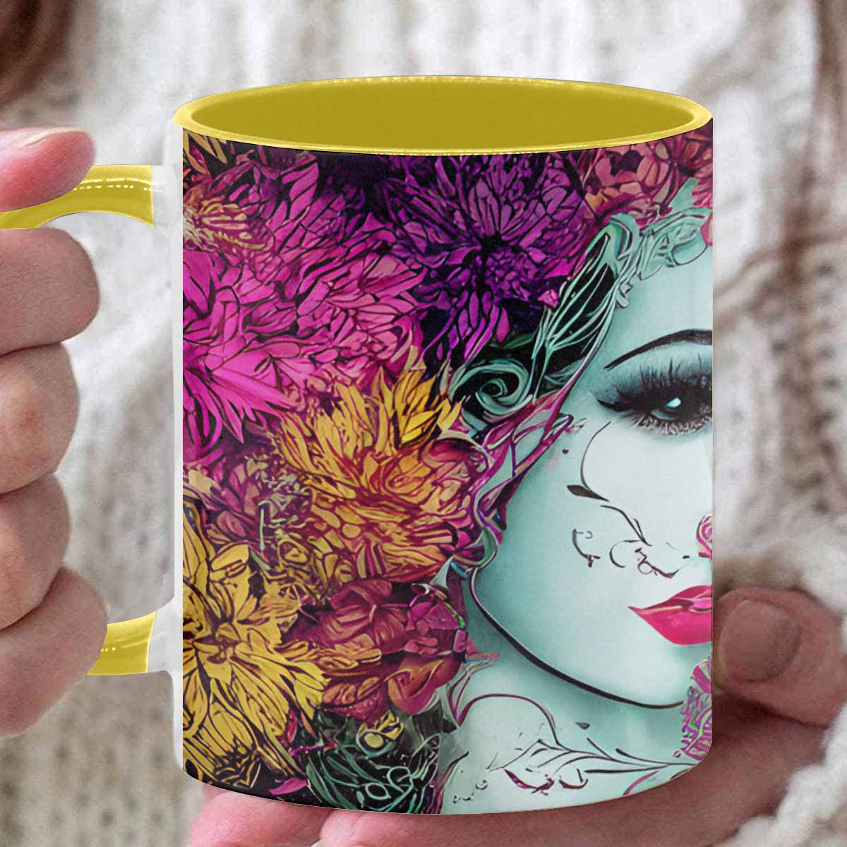 Coffee mug, tea cup, multicolor mug, caucasian type face, design 32