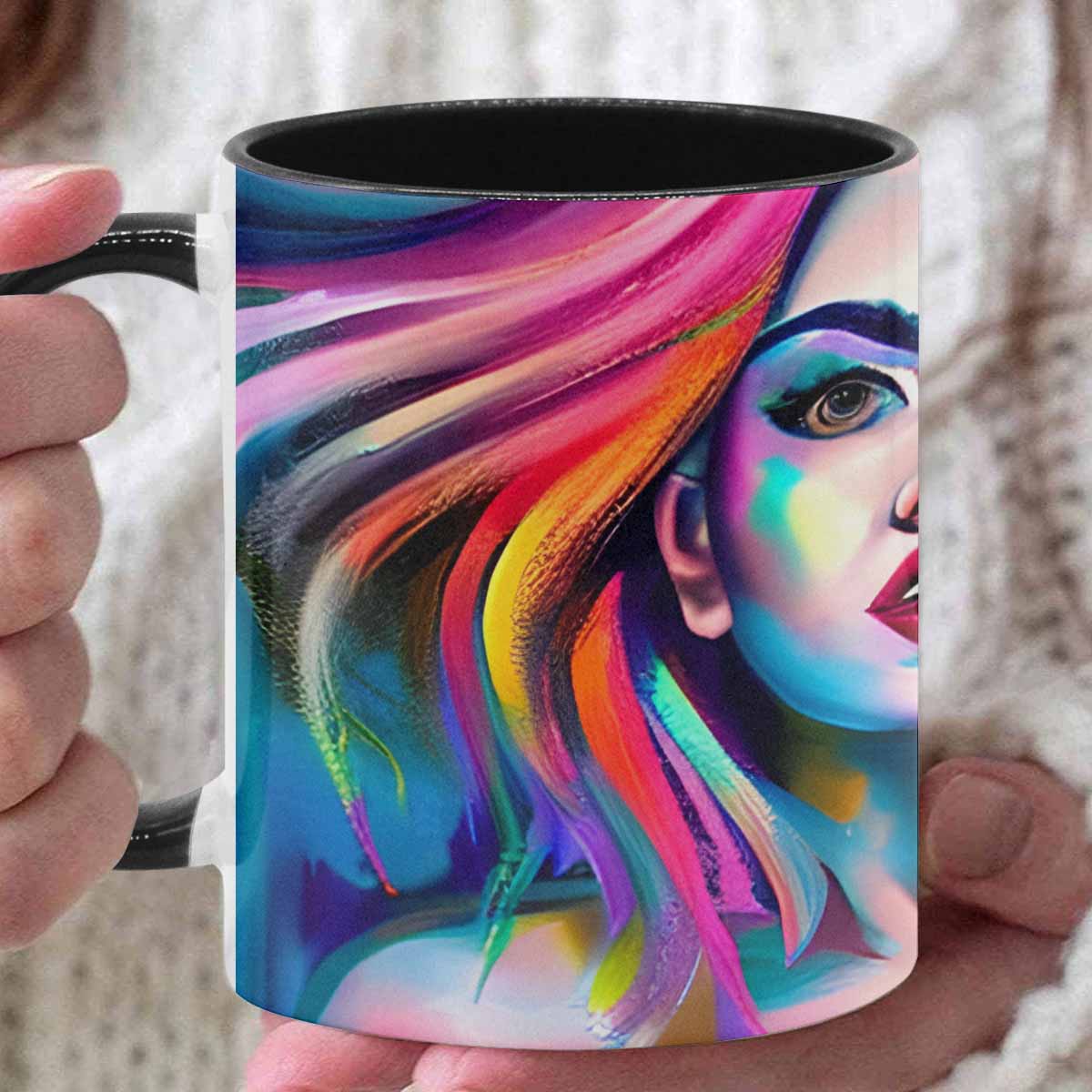 Coffee mug, tea cup, multicolor mug, caucasian type face, design 20