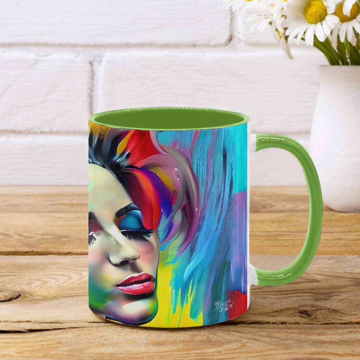 Coffee mug, tea cup, multicolor mug, caucasian type face, design 23