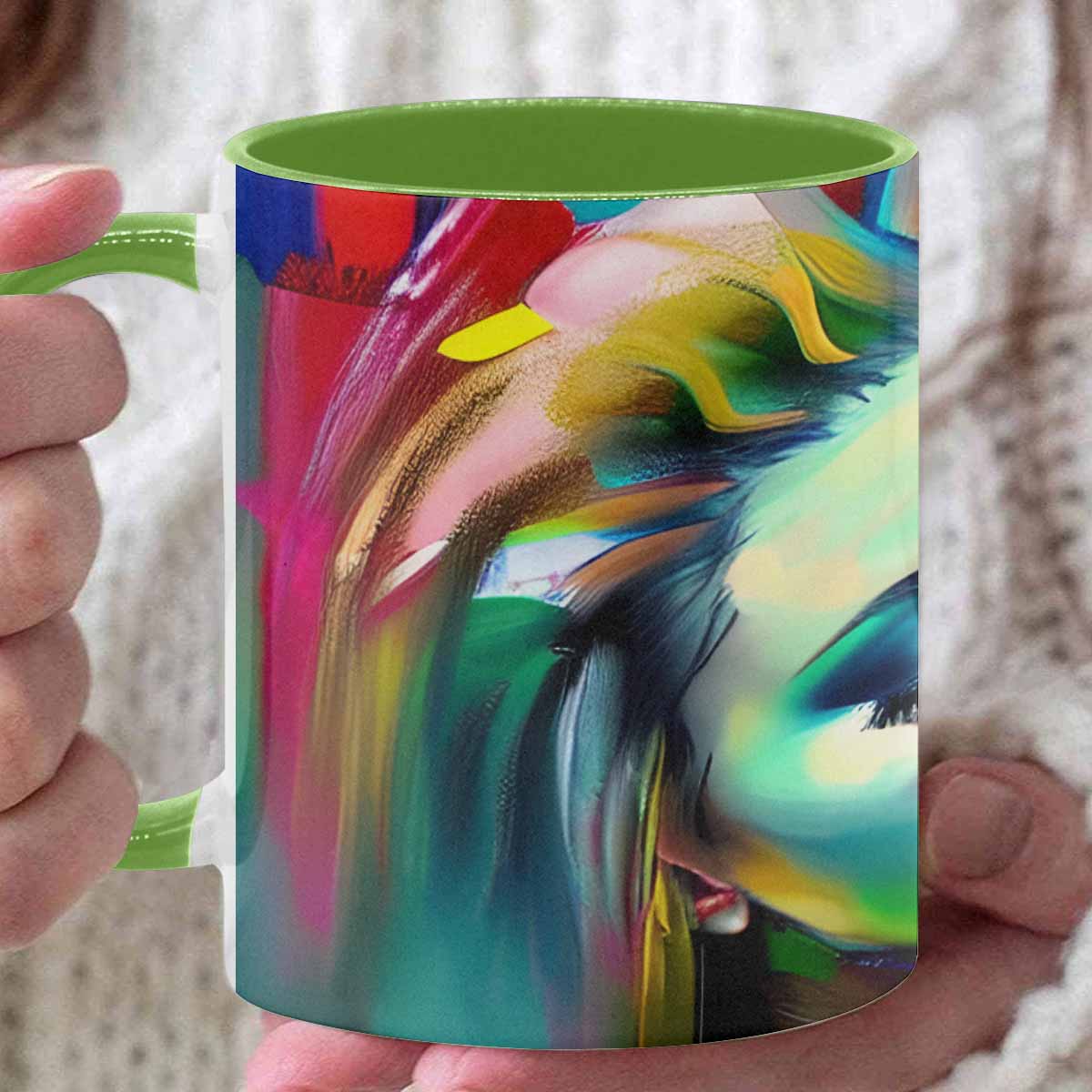 Coffee mug, tea cup, multicolor mug, caucasian type face, design 23