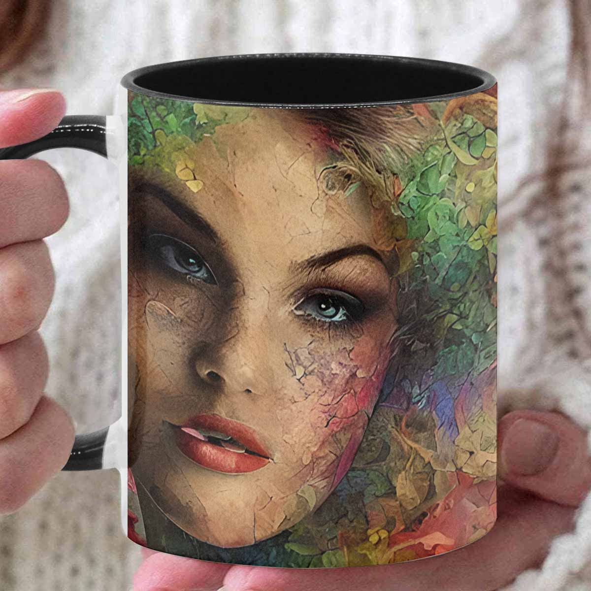 Coffee mug, tea cup, multicolor mug, caucasian type face, design 28