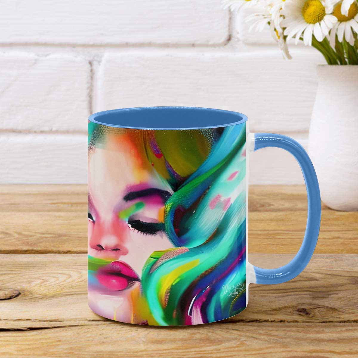 Coffee mug, tea cup, multicolor mug, caucasian type face, design 21