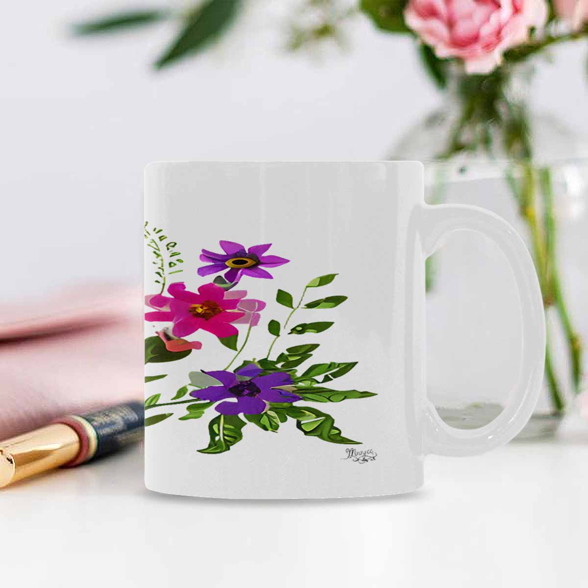 USA made Quality Mug, coffee mug, tea cup, Bright florals, Set 2, design 93