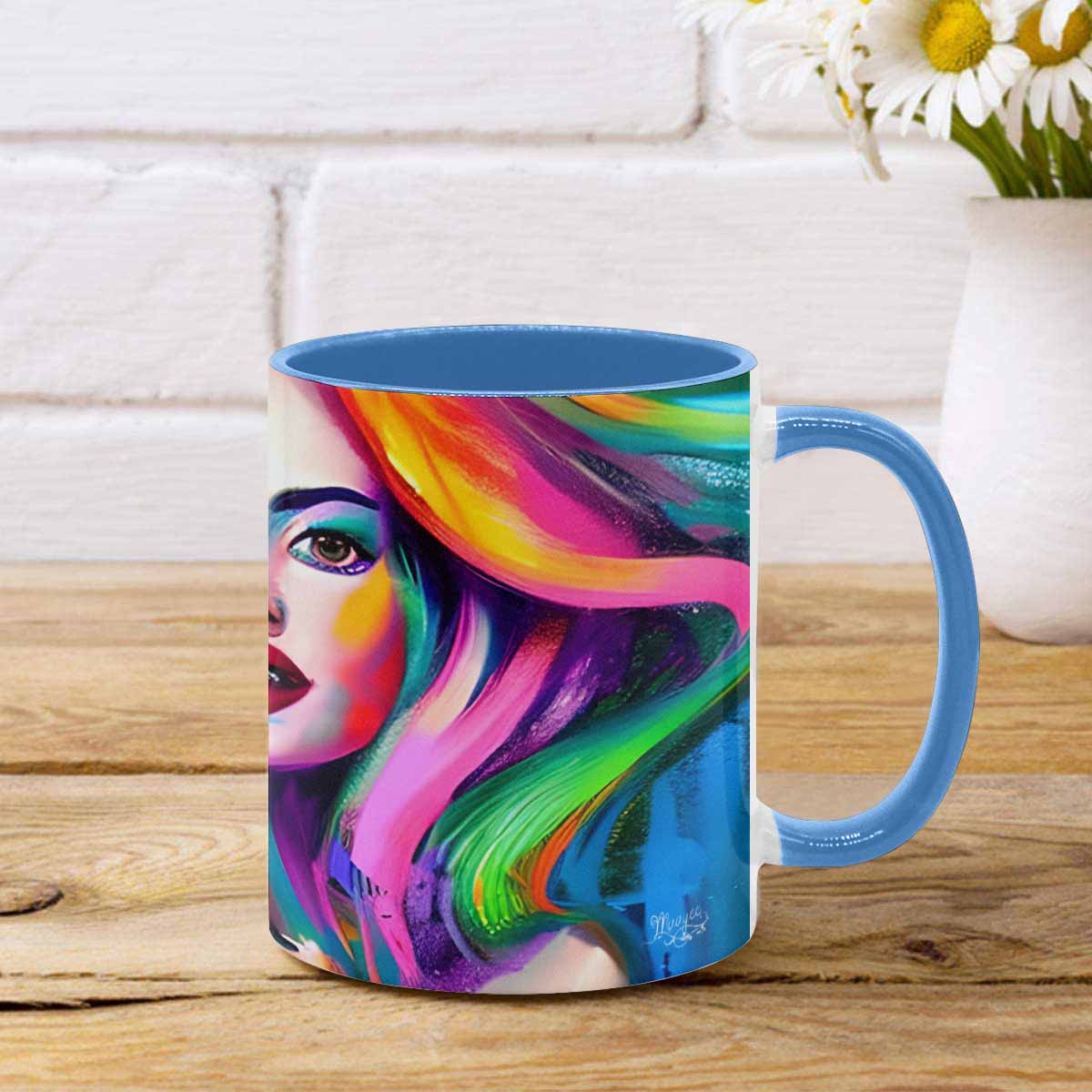 Coffee mug, tea cup, multicolor mug, caucasian type face, design 20