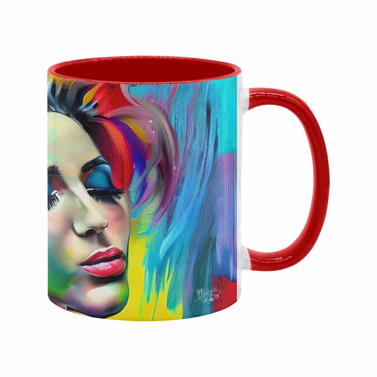 Coffee mug, tea cup, multicolor mug, caucasian type face, design 23