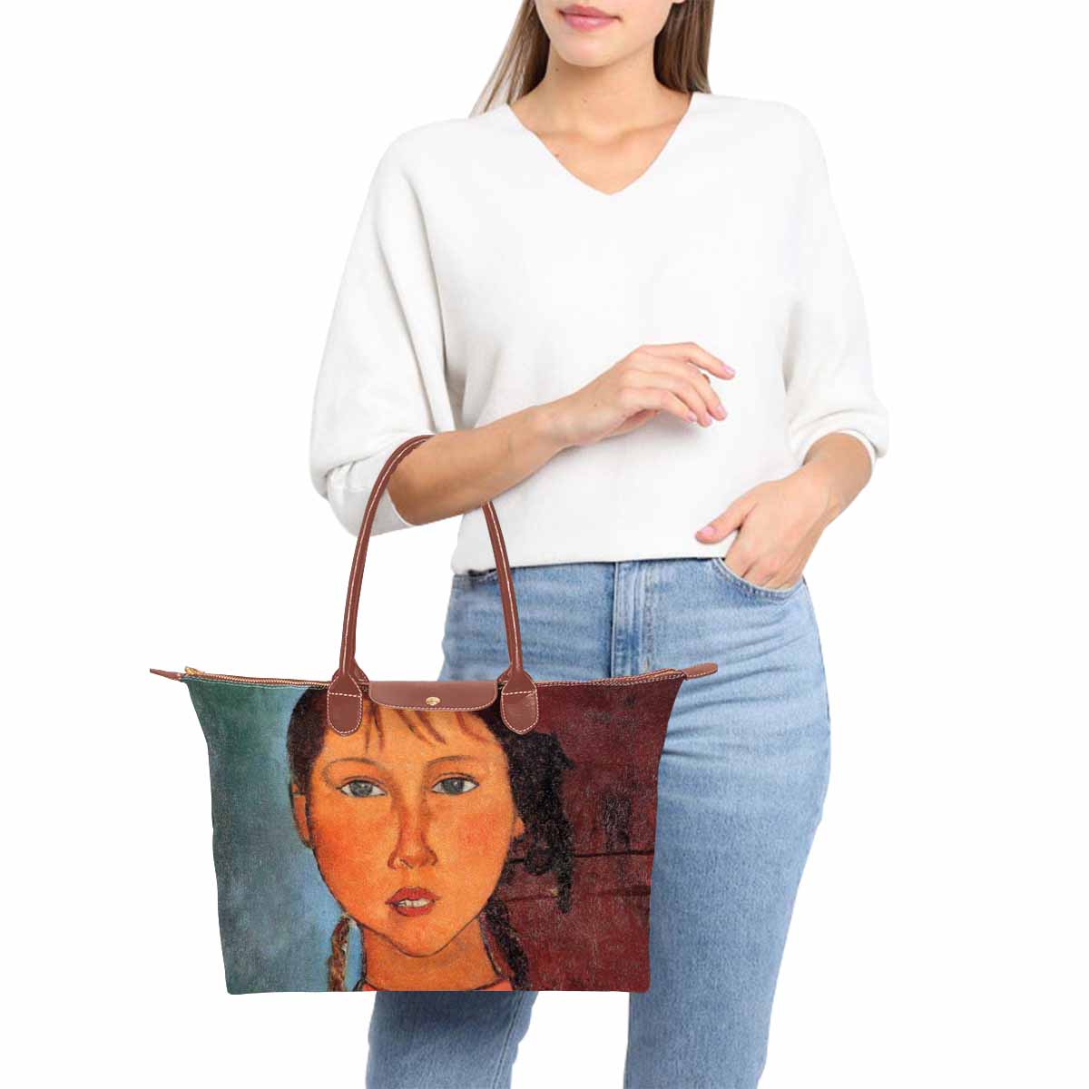 Classic handbag, Modigliani design, choice of 2 colors, Girl with plaits