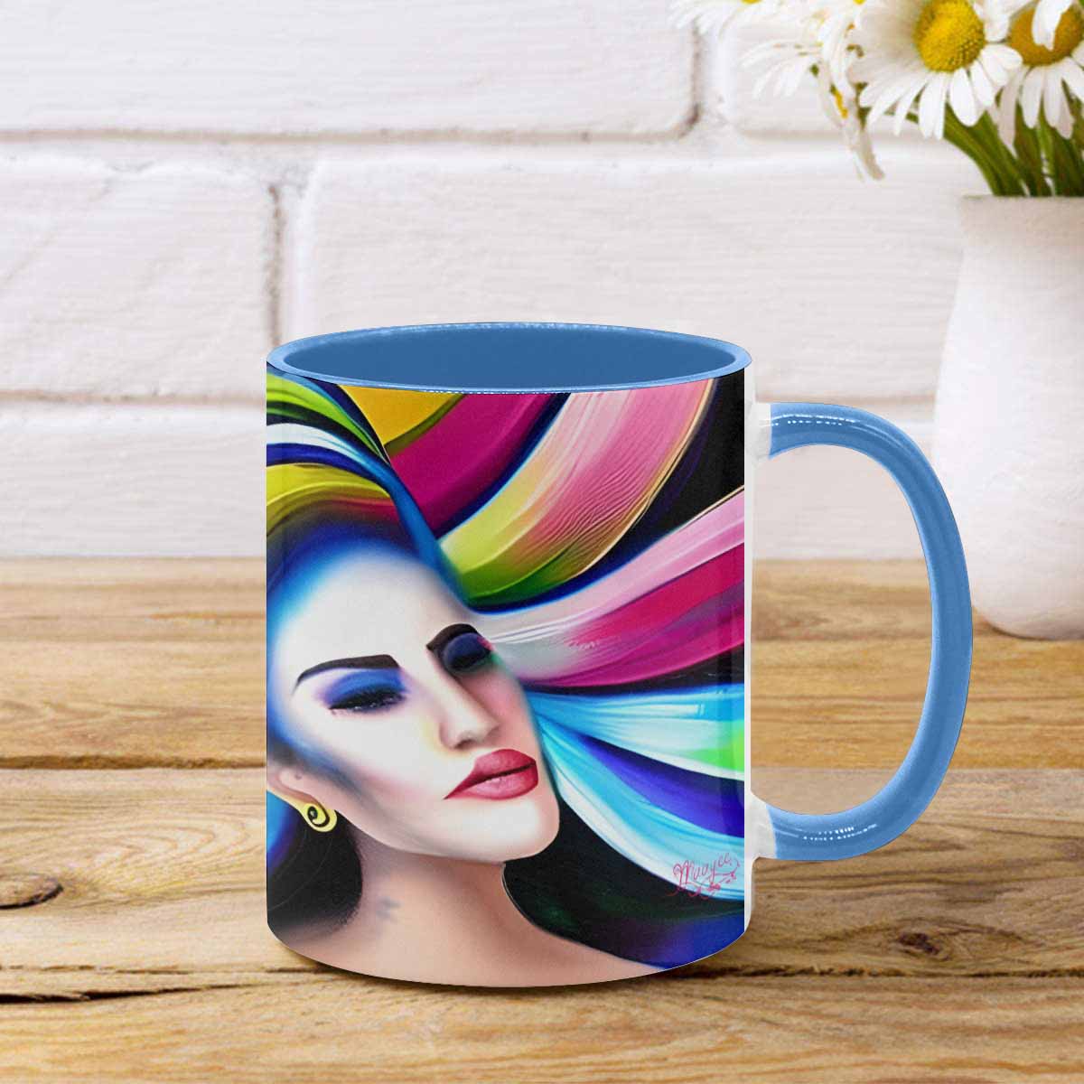 Coffee mug, tea cup, multicolor mug, caucasian type face, design 25