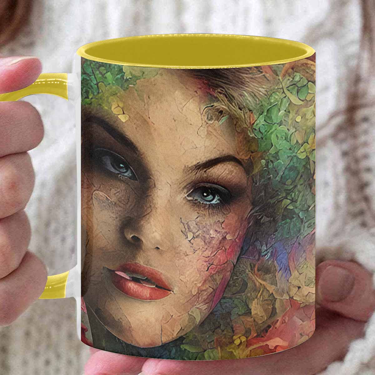 Coffee mug, tea cup, multicolor mug, caucasian type face, design 28