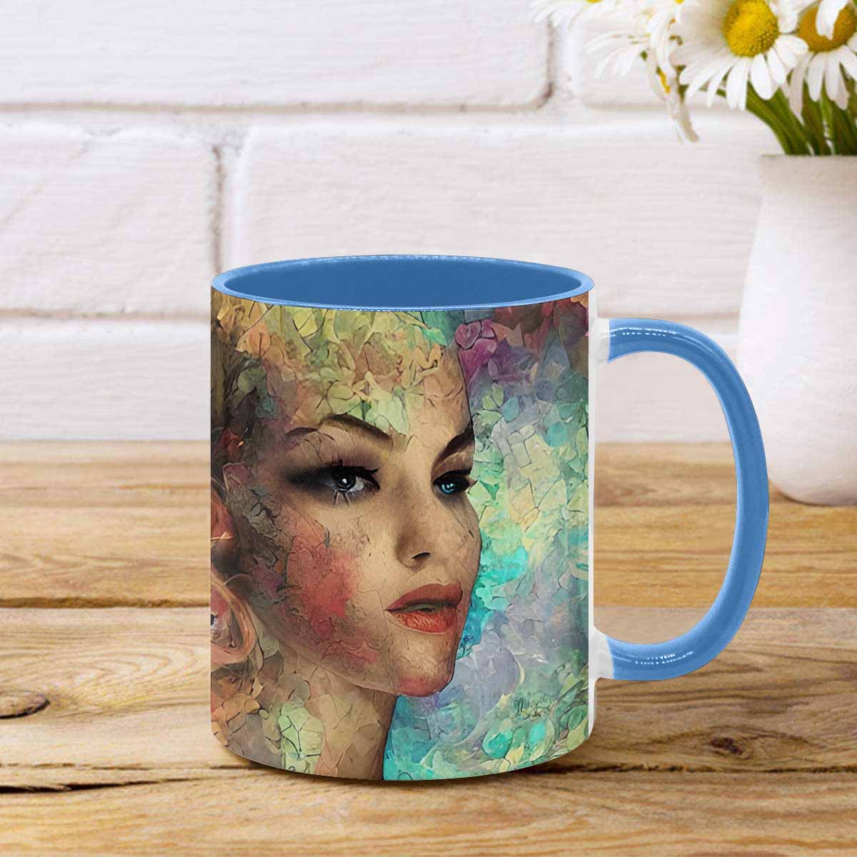 Coffee mug, tea cup, multicolor mug, caucasian type face, design 28