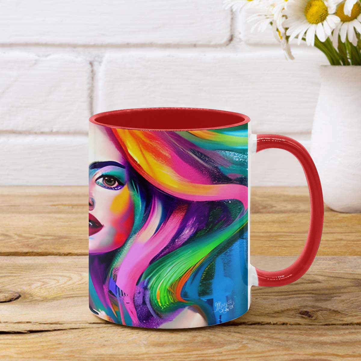 Coffee mug, tea cup, multicolor mug, caucasian type face, design 20