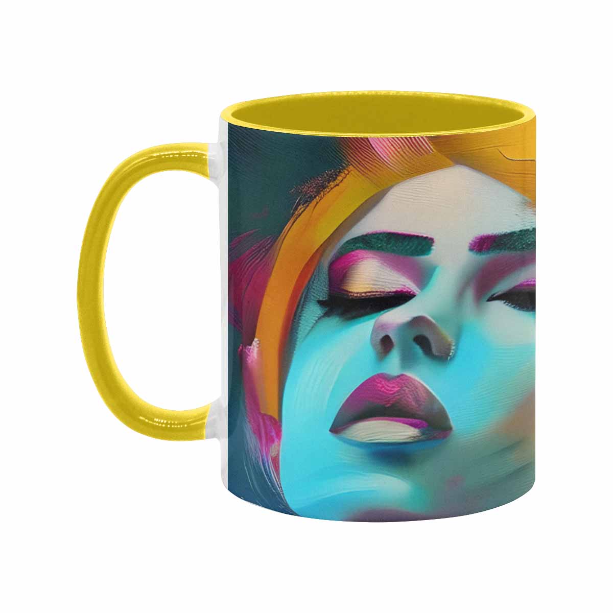 Coffee mug, tea cup, multicolor mug, caucasian type face, design 22