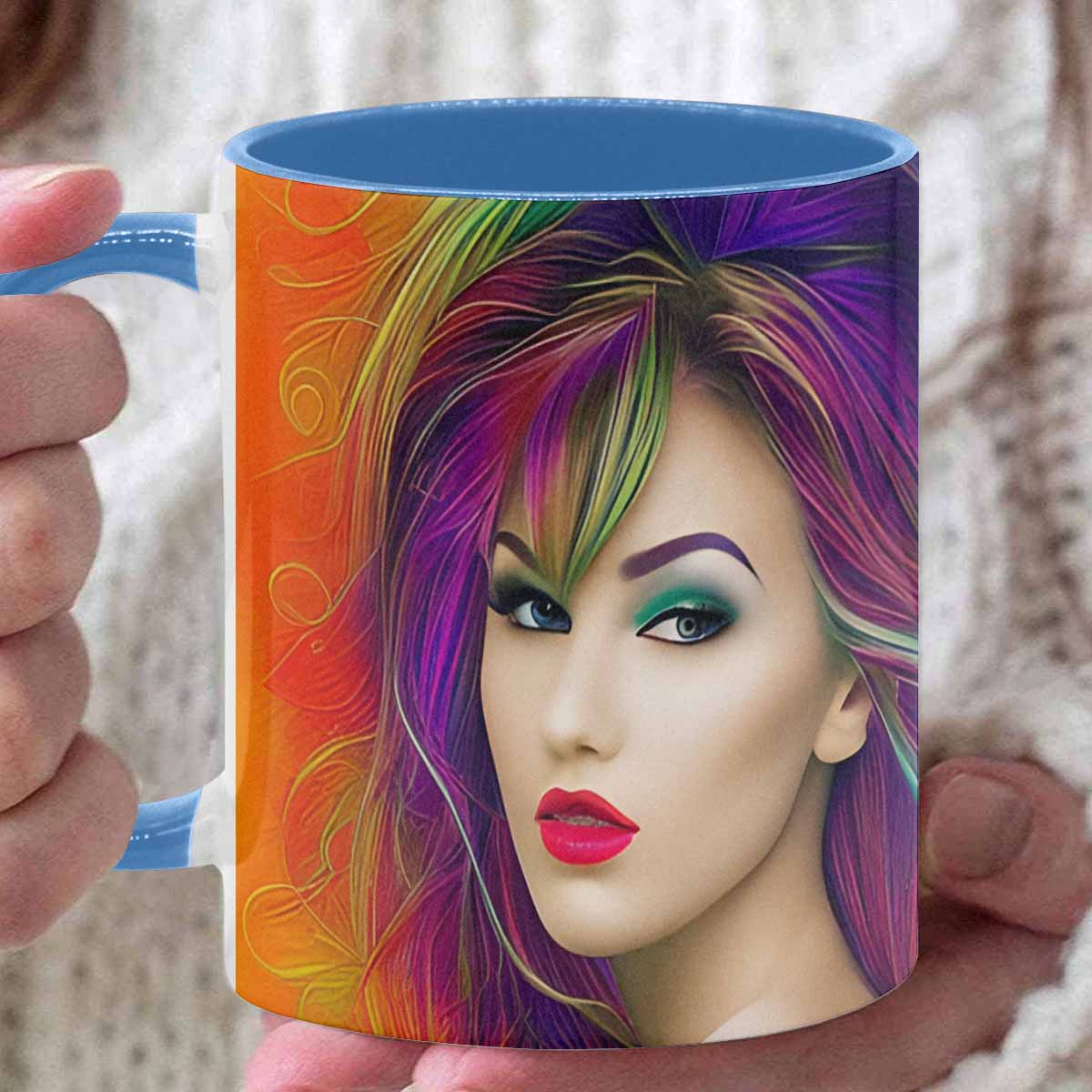 Coffee mug, tea cup, multicolor mug, caucasian type face, design 34