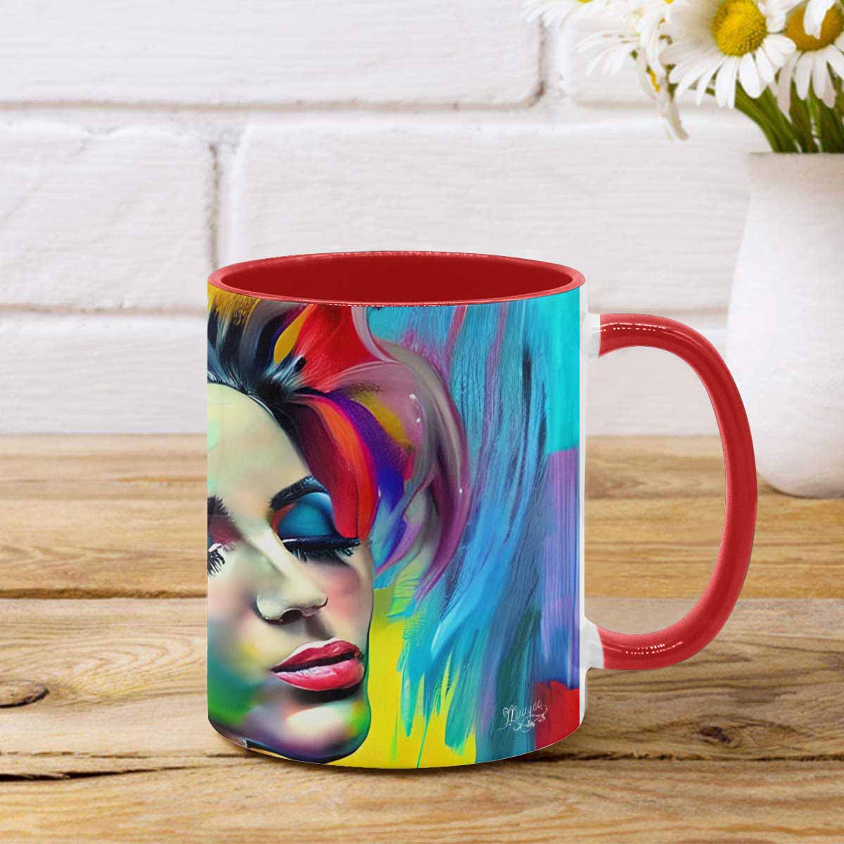 Coffee mug, tea cup, multicolor mug, caucasian type face, design 23