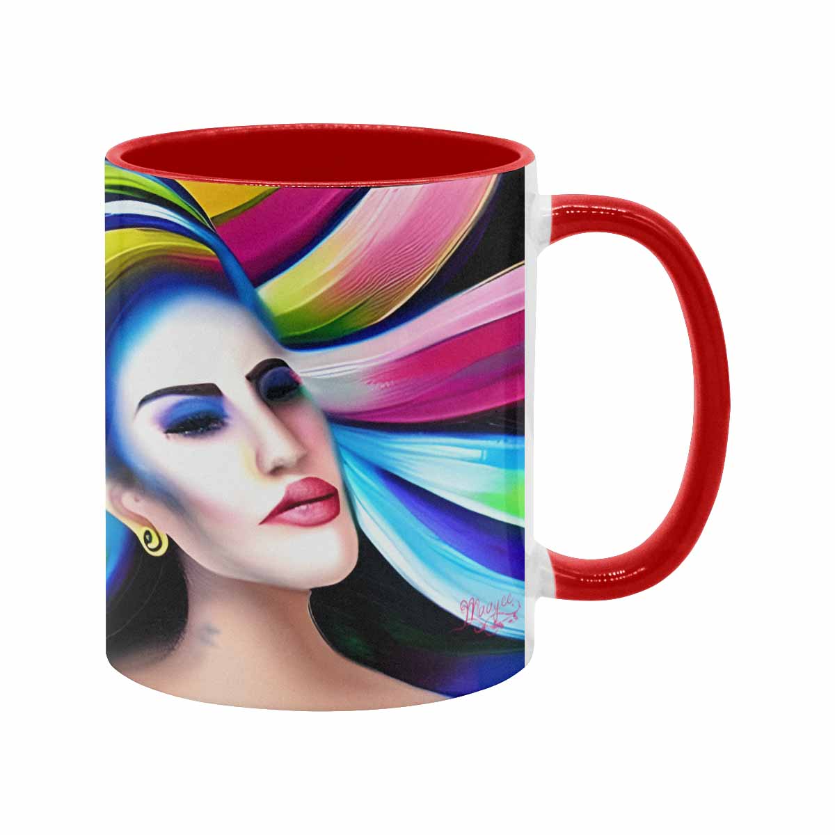 Coffee mug, tea cup, multicolor mug, caucasian type face, design 25