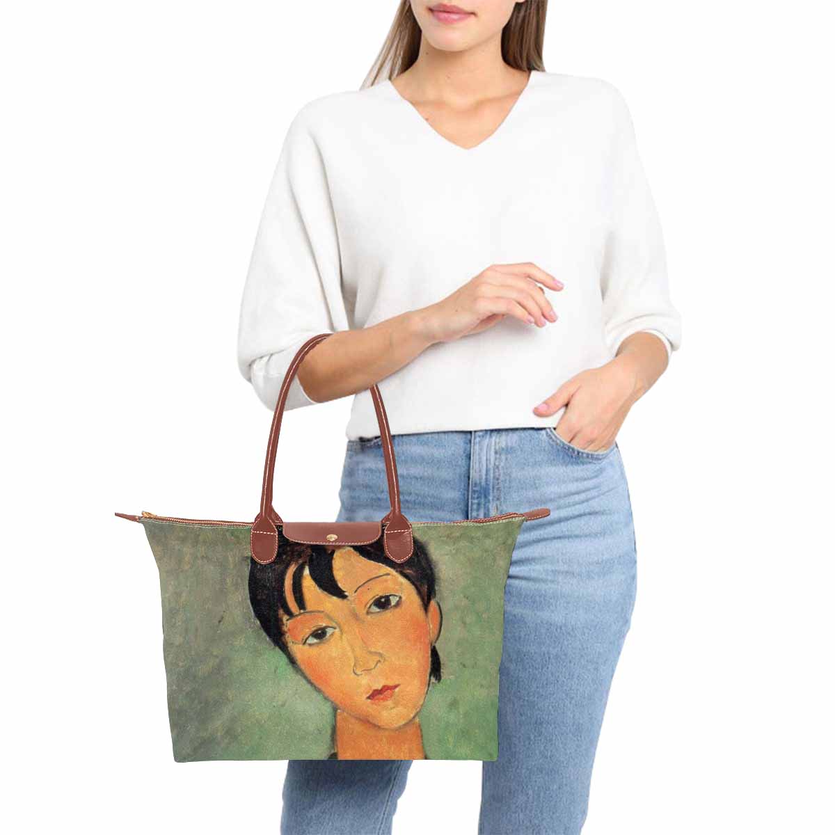 Classic handbag, Modigliani design, choice of 2 colors, Girl with a black robe