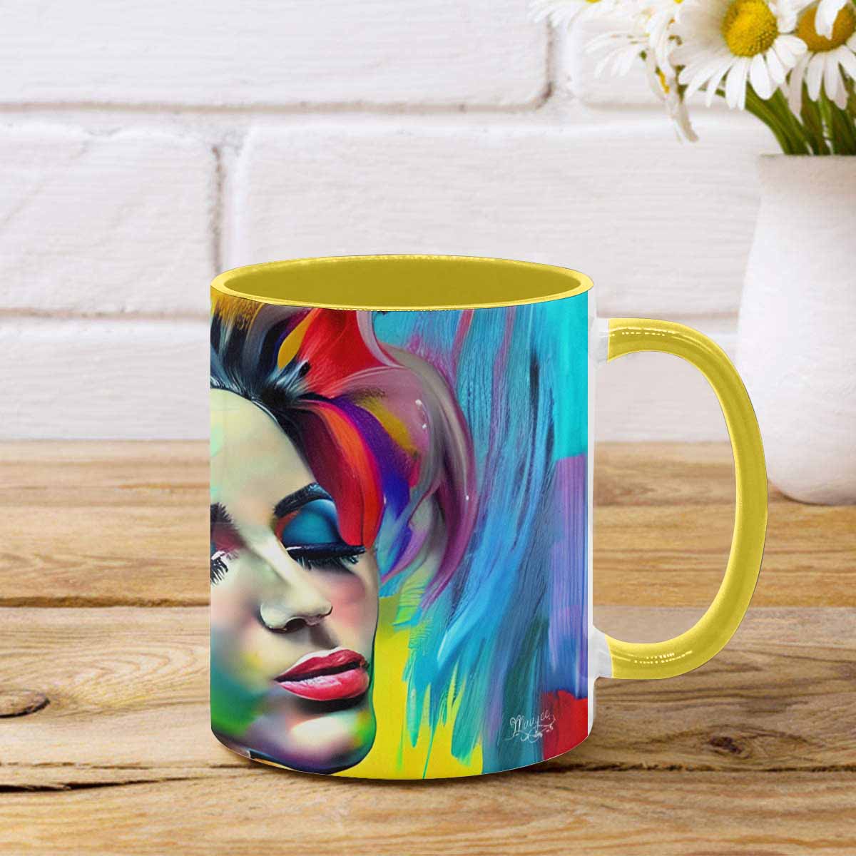 Coffee mug, tea cup, multicolor mug, caucasian type face, design 23