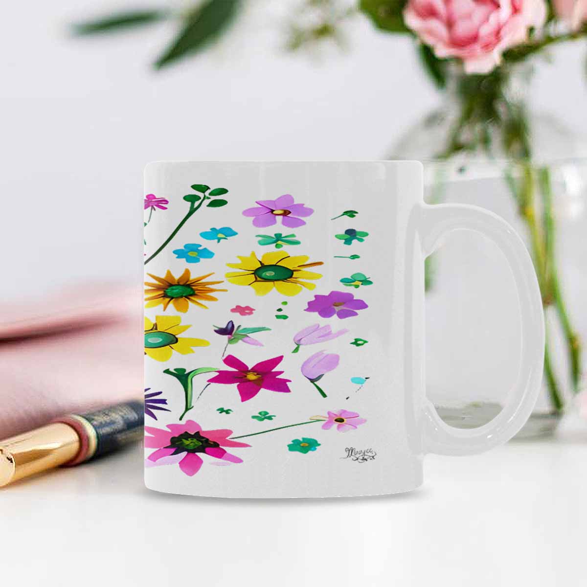 USA made Quality Mug, coffee mug, tea cup, Bright florals, Set 2, design 86