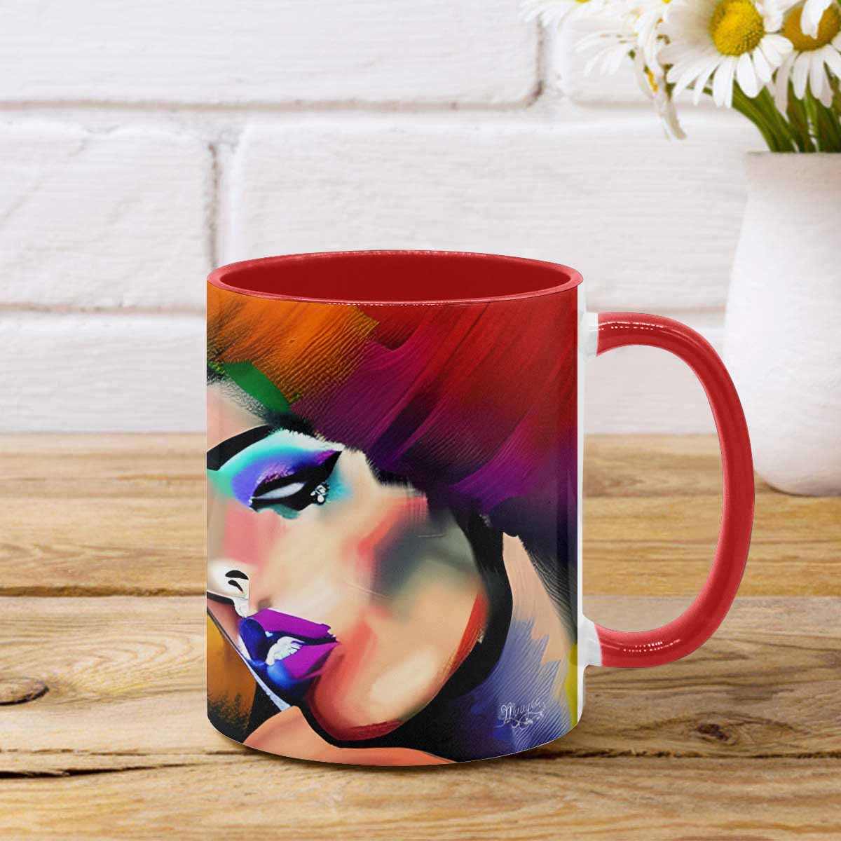 Coffee mug, tea cup, multicolor mug, caucasian type face, design 26