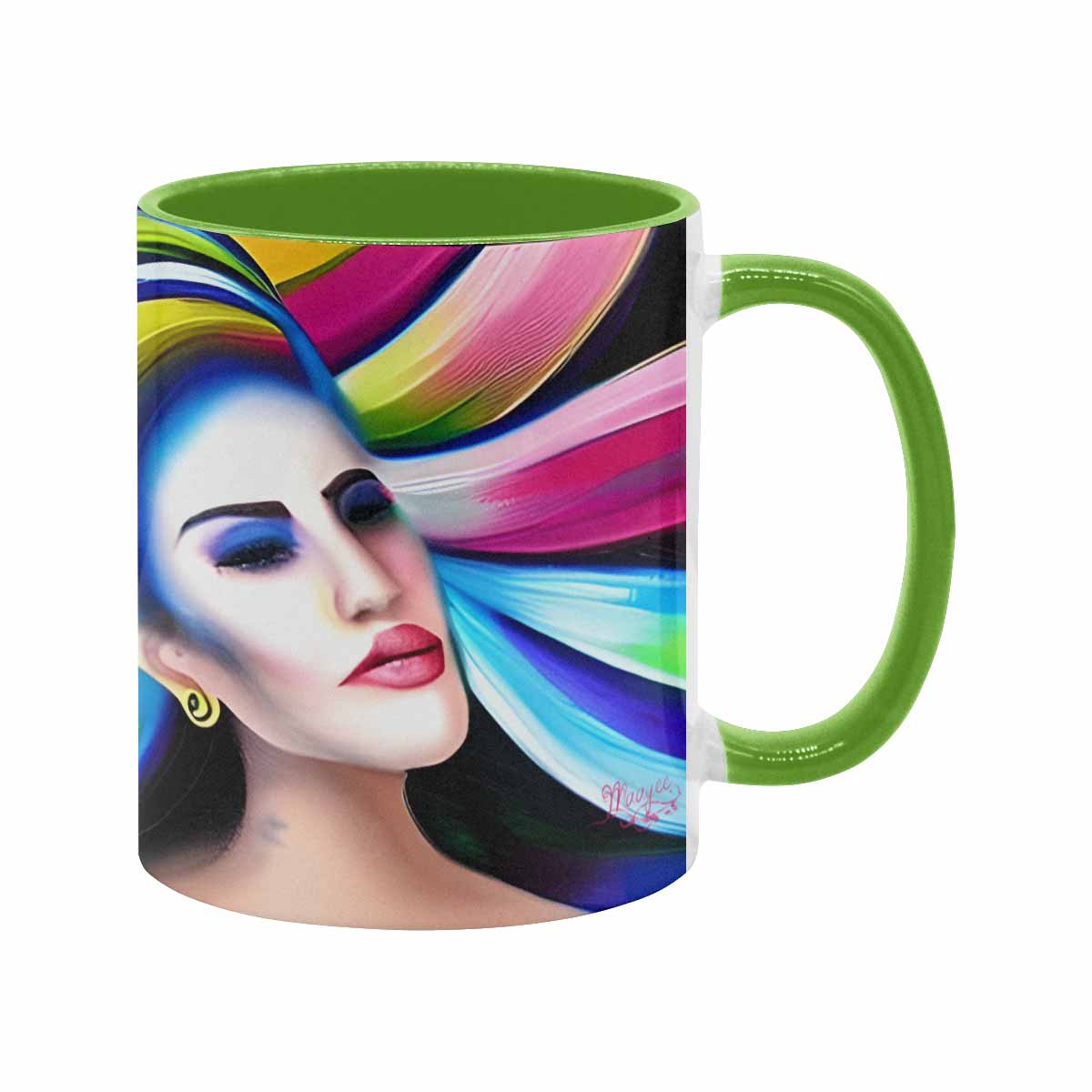 Coffee mug, tea cup, multicolor mug, caucasian type face, design 25