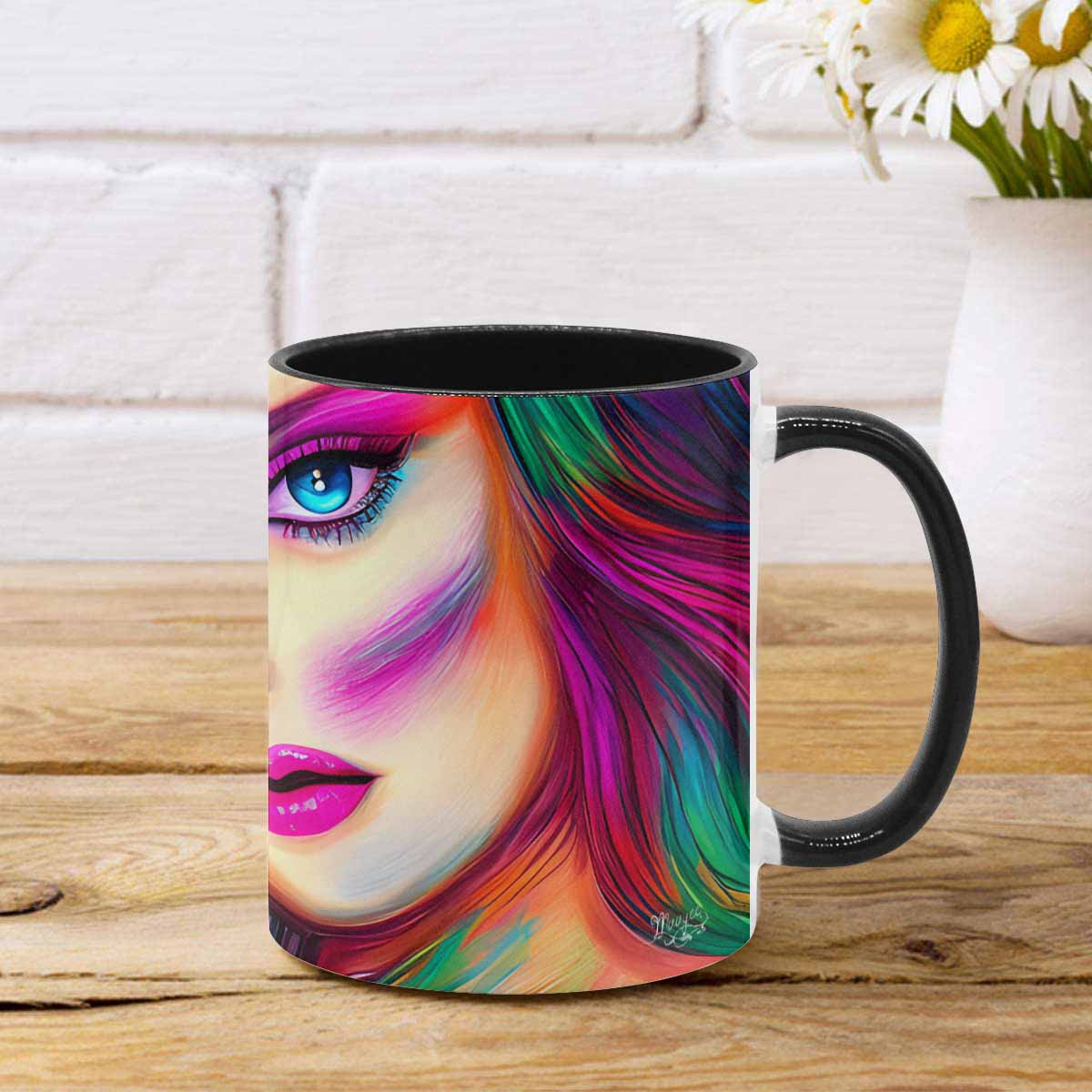 Coffee mug, tea cup, multicolor mug, caucasian type face, design 31