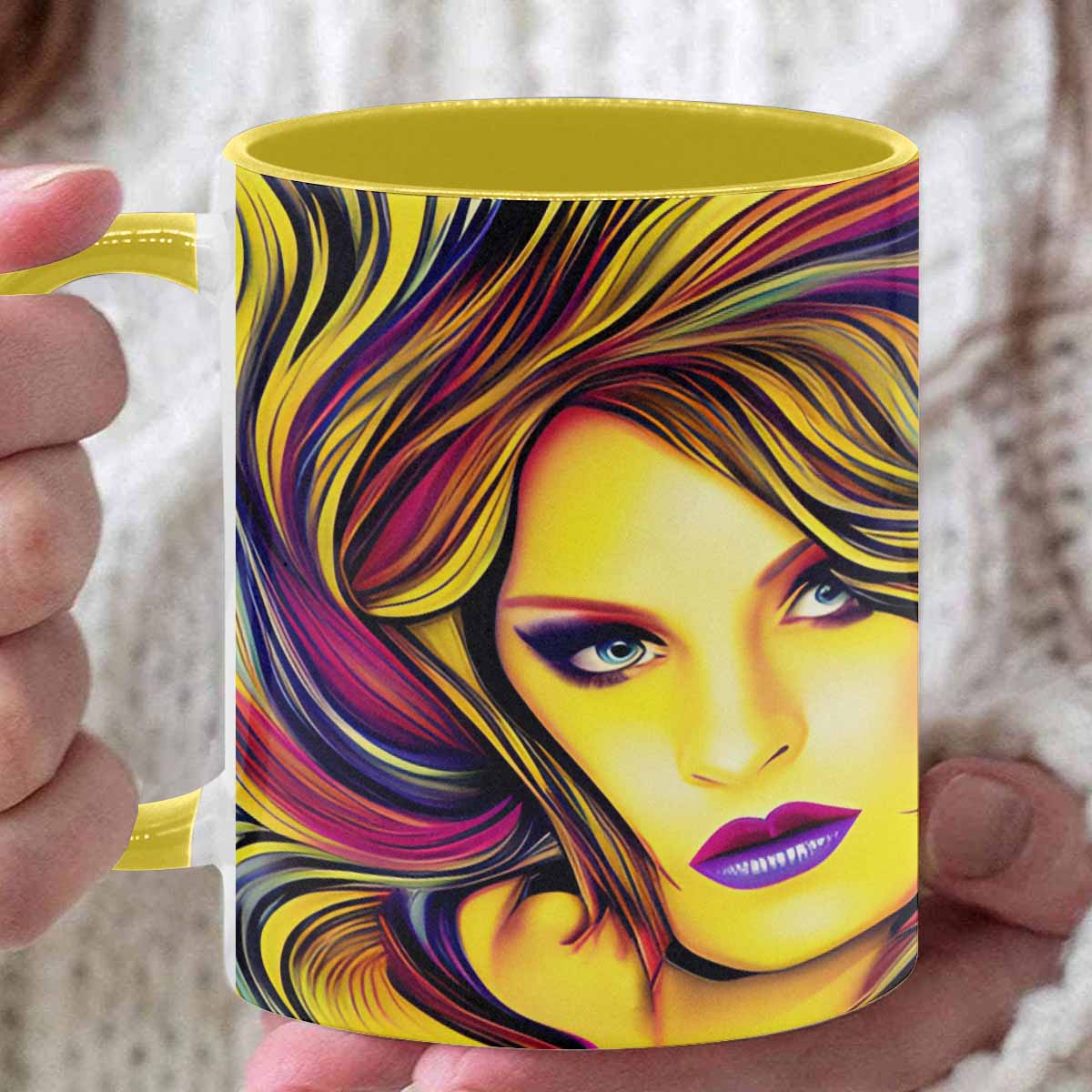 Coffee mug, tea cup, multicolor mug, caucasian type face, design 27