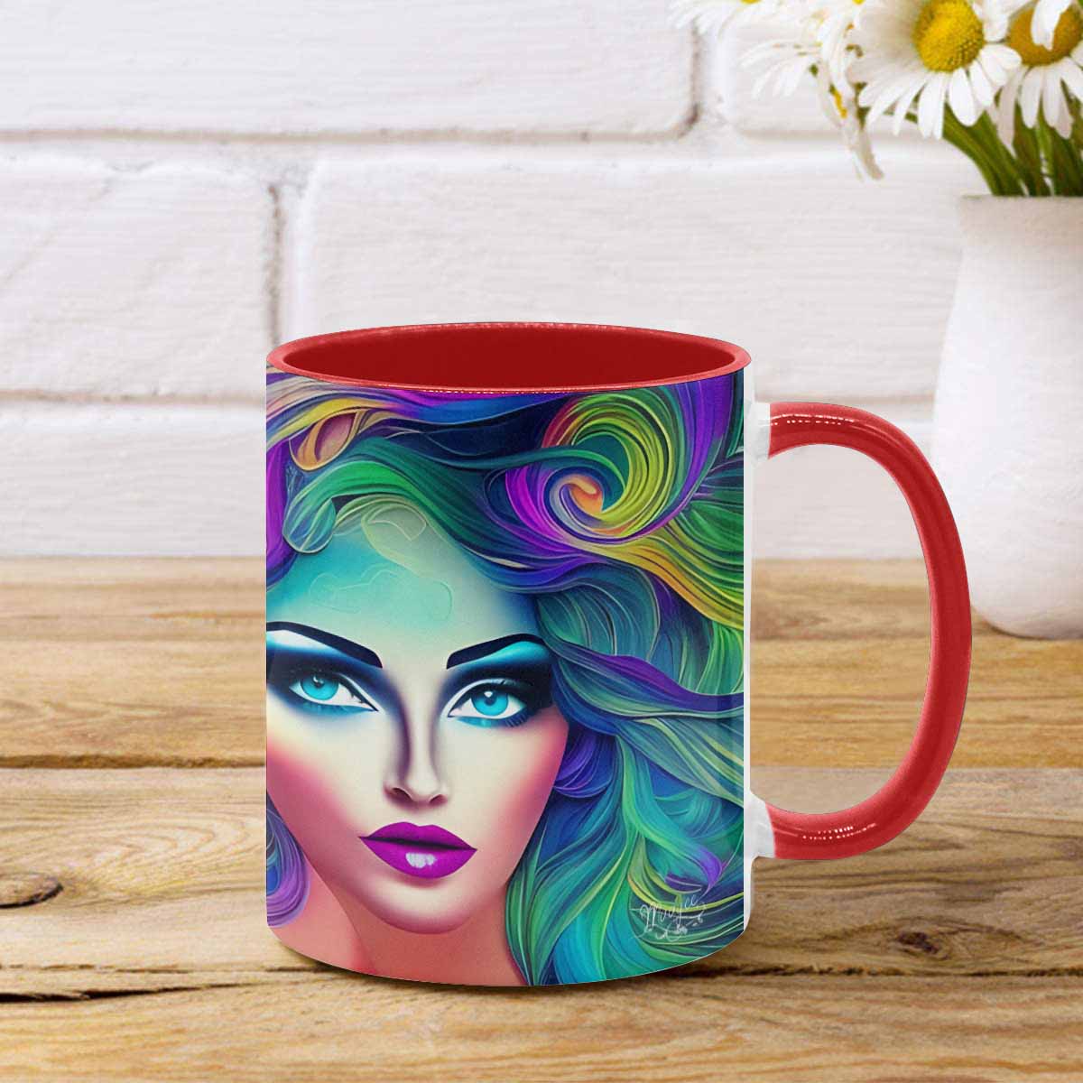 Coffee mug, tea cup, multicolor mug, caucasian type face, design 29