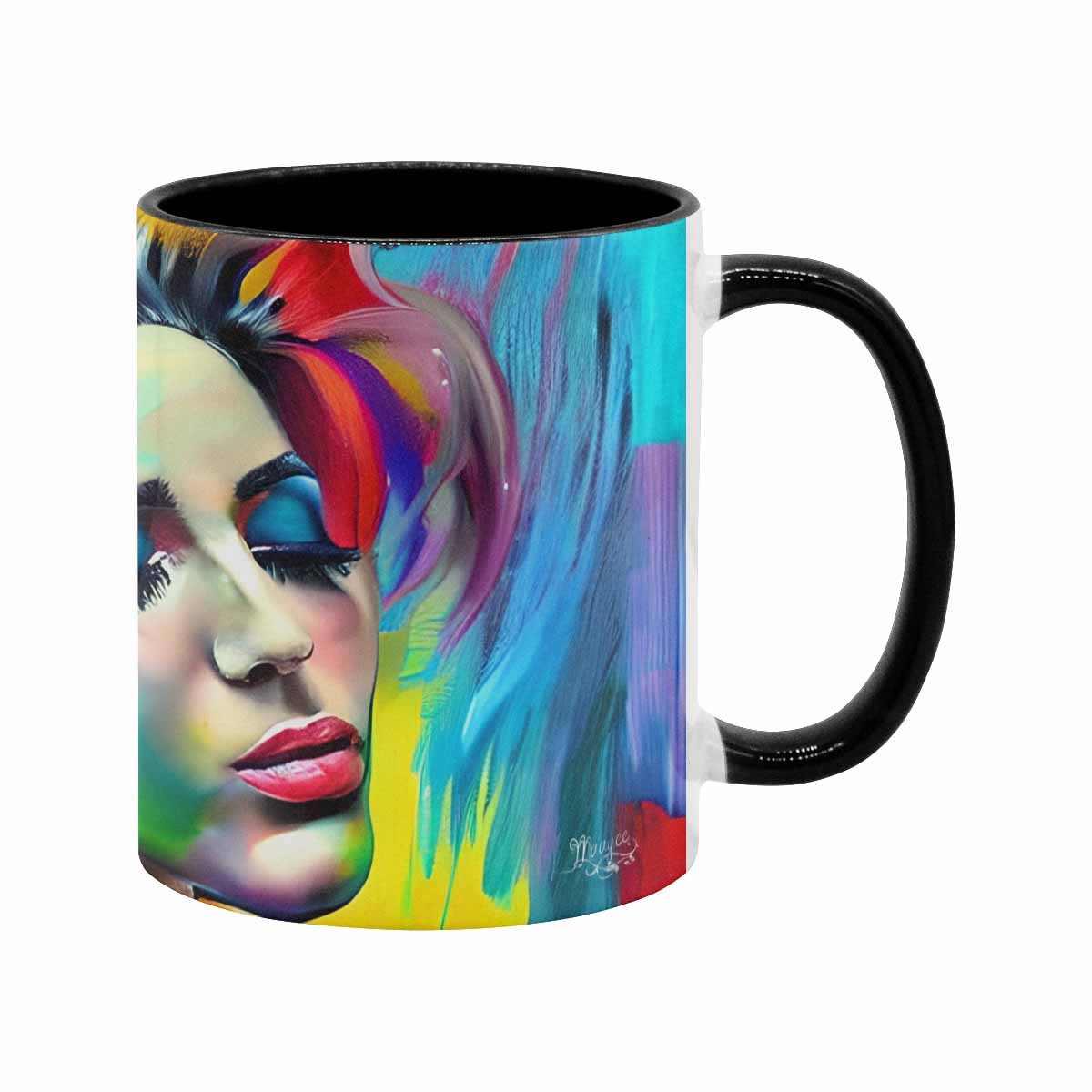 Coffee mug, tea cup, multicolor mug, caucasian type face, design 23