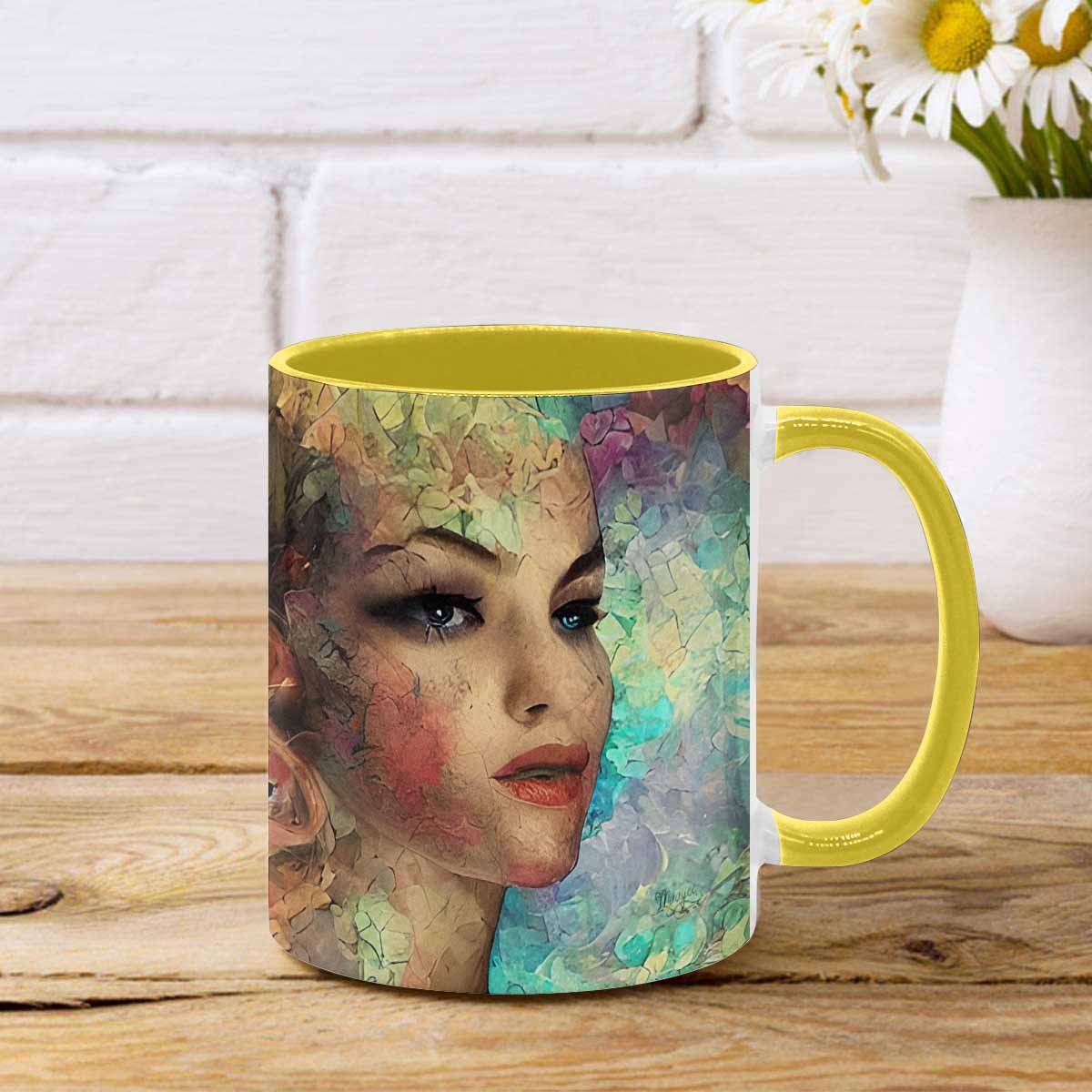 Coffee mug, tea cup, multicolor mug, caucasian type face, design 28