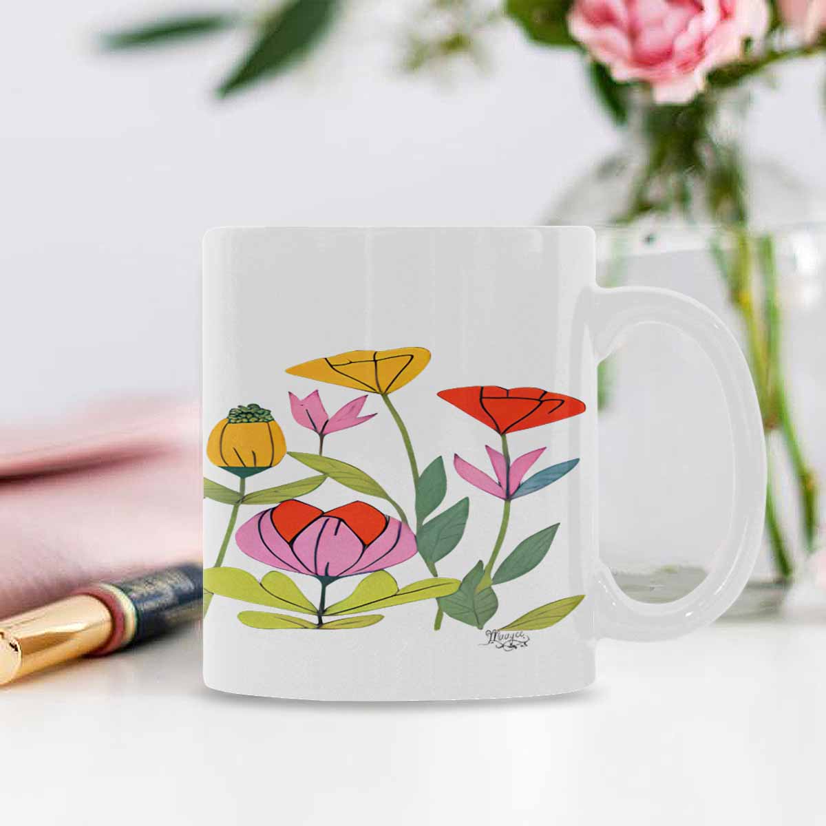 USA made Quality Mug, coffee mug, tea cup, Bright florals, Set 2, design 47