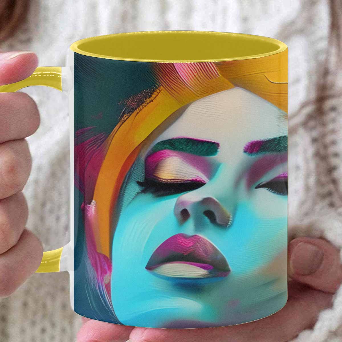 Coffee mug, tea cup, multicolor mug, caucasian type face, design 22