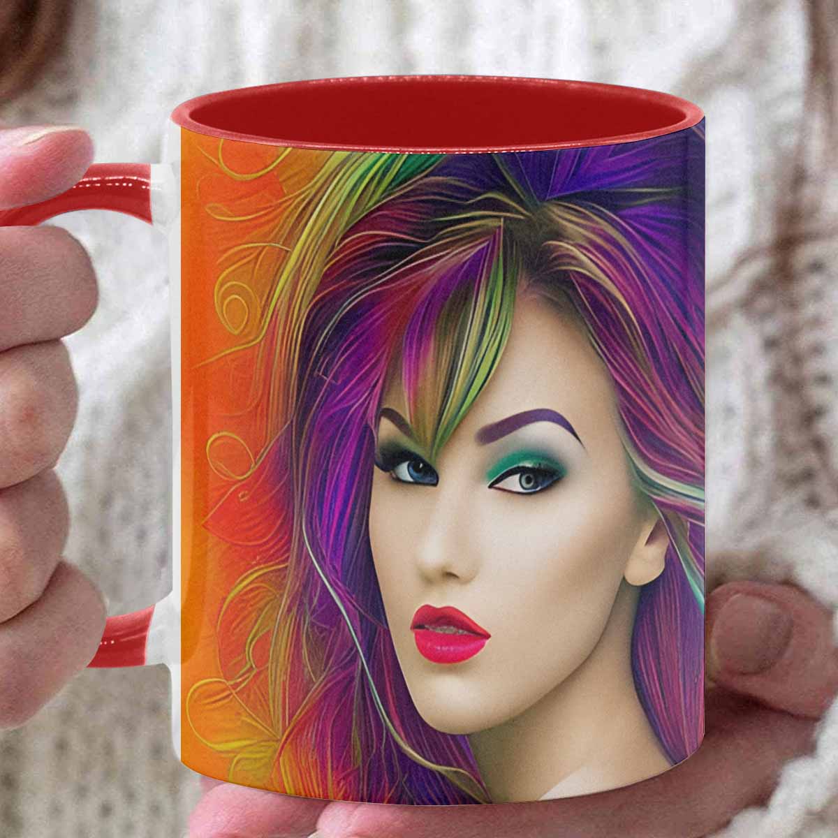 Coffee mug, tea cup, multicolor mug, caucasian type face, design 34