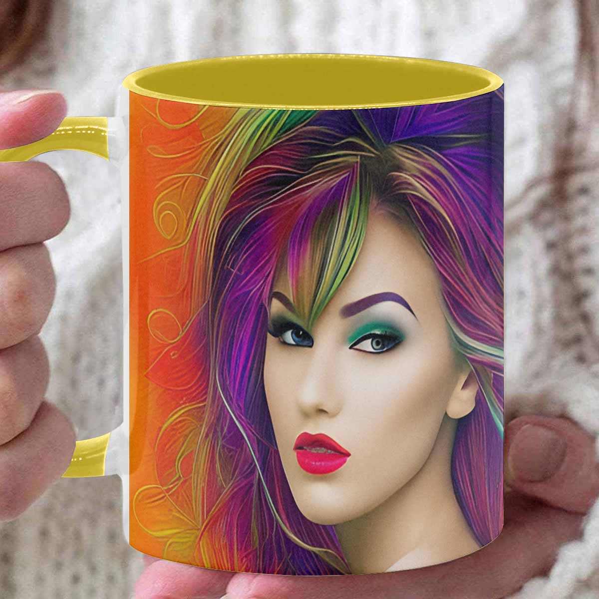 Coffee mug, tea cup, multicolor mug, caucasian type face, design 34