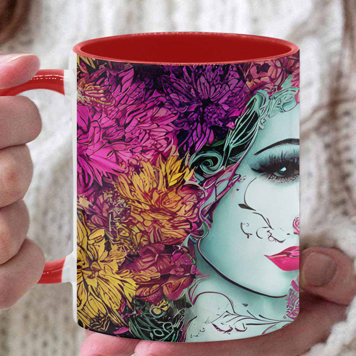 Coffee mug, tea cup, multicolor mug, caucasian type face, design 32