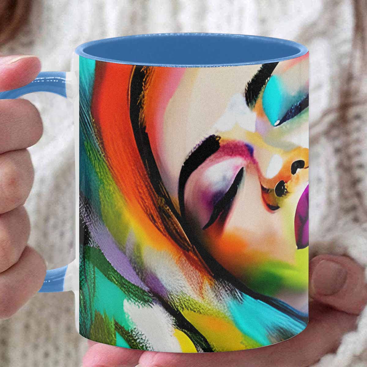 Coffee mug, tea cup, multicolor mug, caucasian type face, design 24