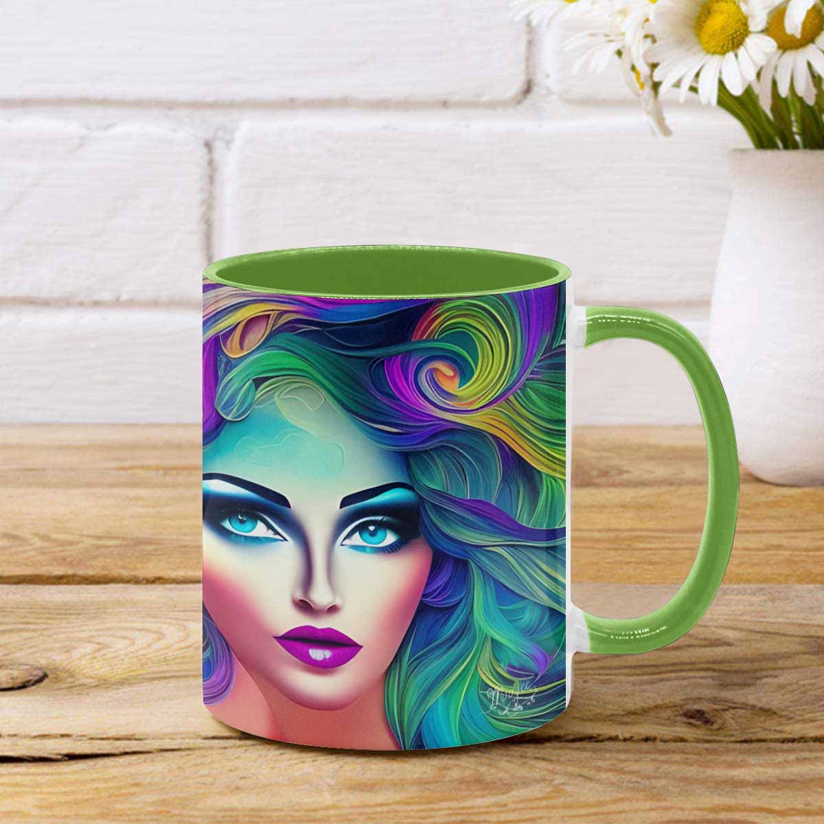 Coffee mug, tea cup, multicolor mug, caucasian type face, design 29