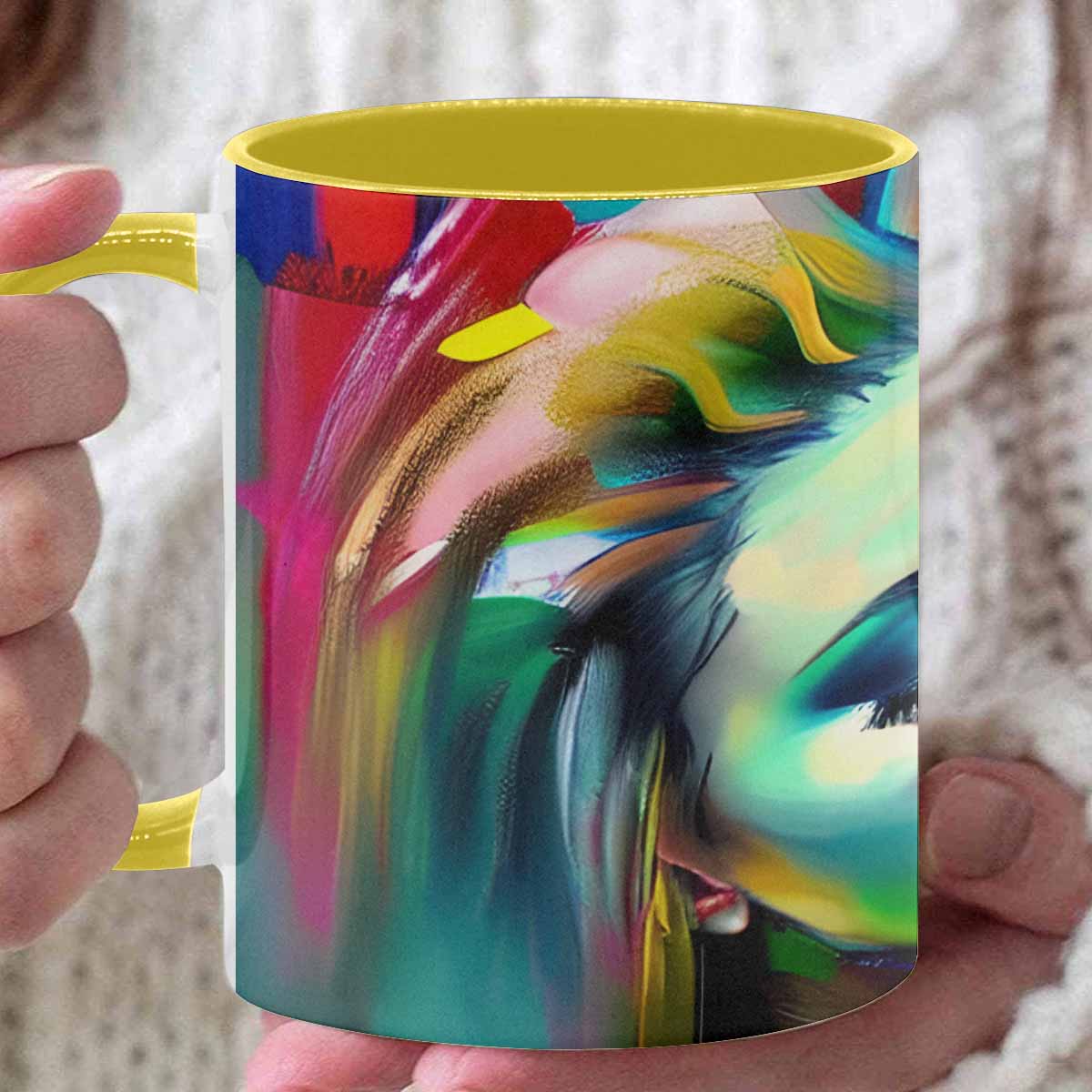 Coffee mug, tea cup, multicolor mug, caucasian type face, design 23