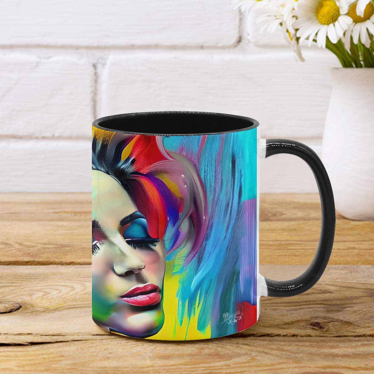 Coffee mug, tea cup, multicolor mug, caucasian type face, design 23