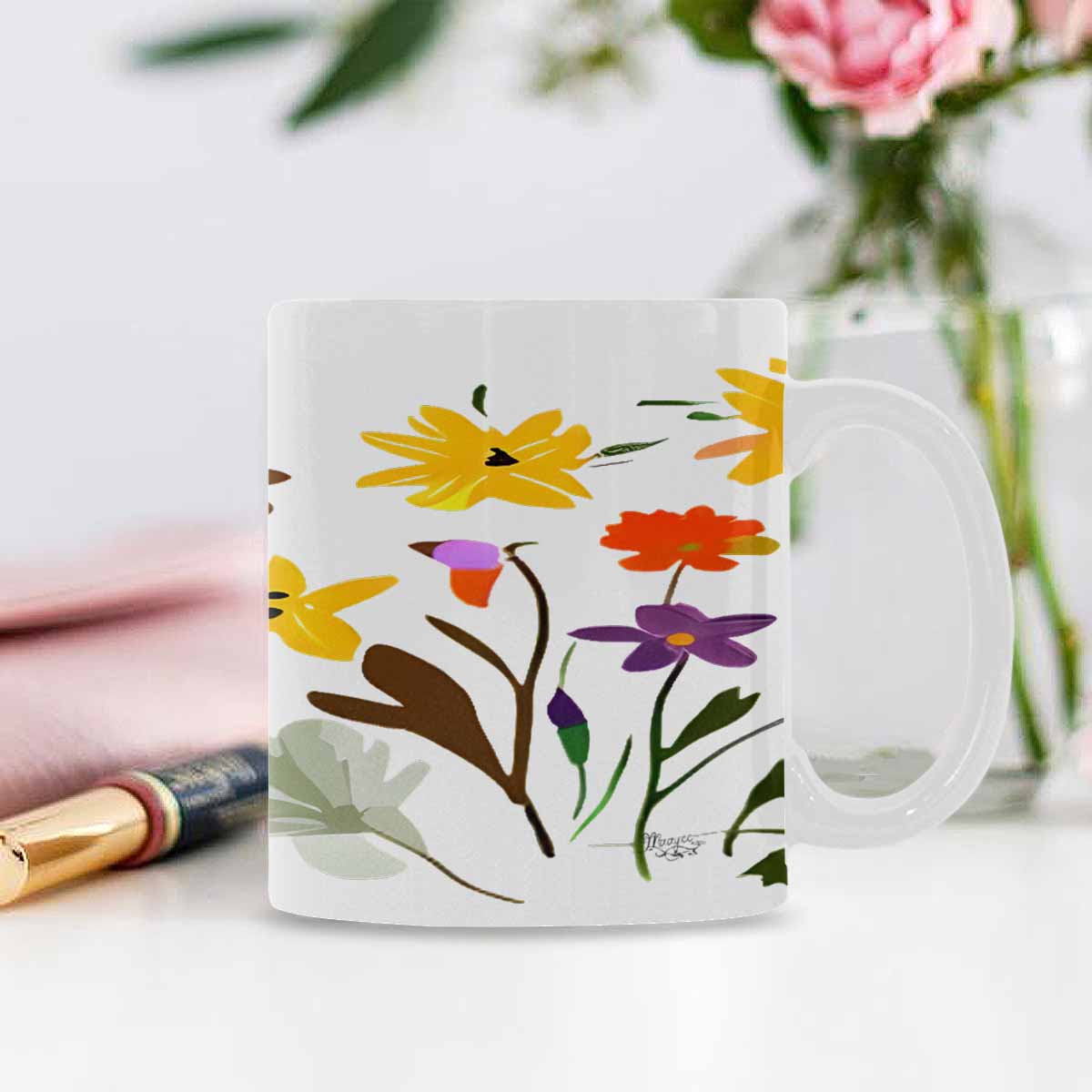 USA made Quality Mug, coffee mug, tea cup, Bright florals, Set 2, design 90