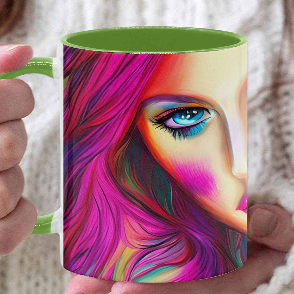 Coffee mug, tea cup, multicolor mug, caucasian type face, design 31