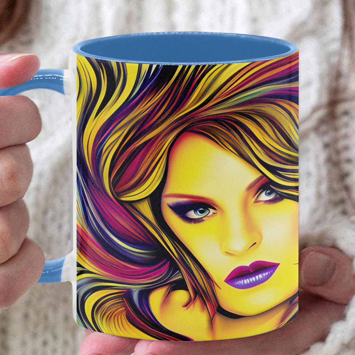 Coffee mug, tea cup, multicolor mug, caucasian type face, design 27