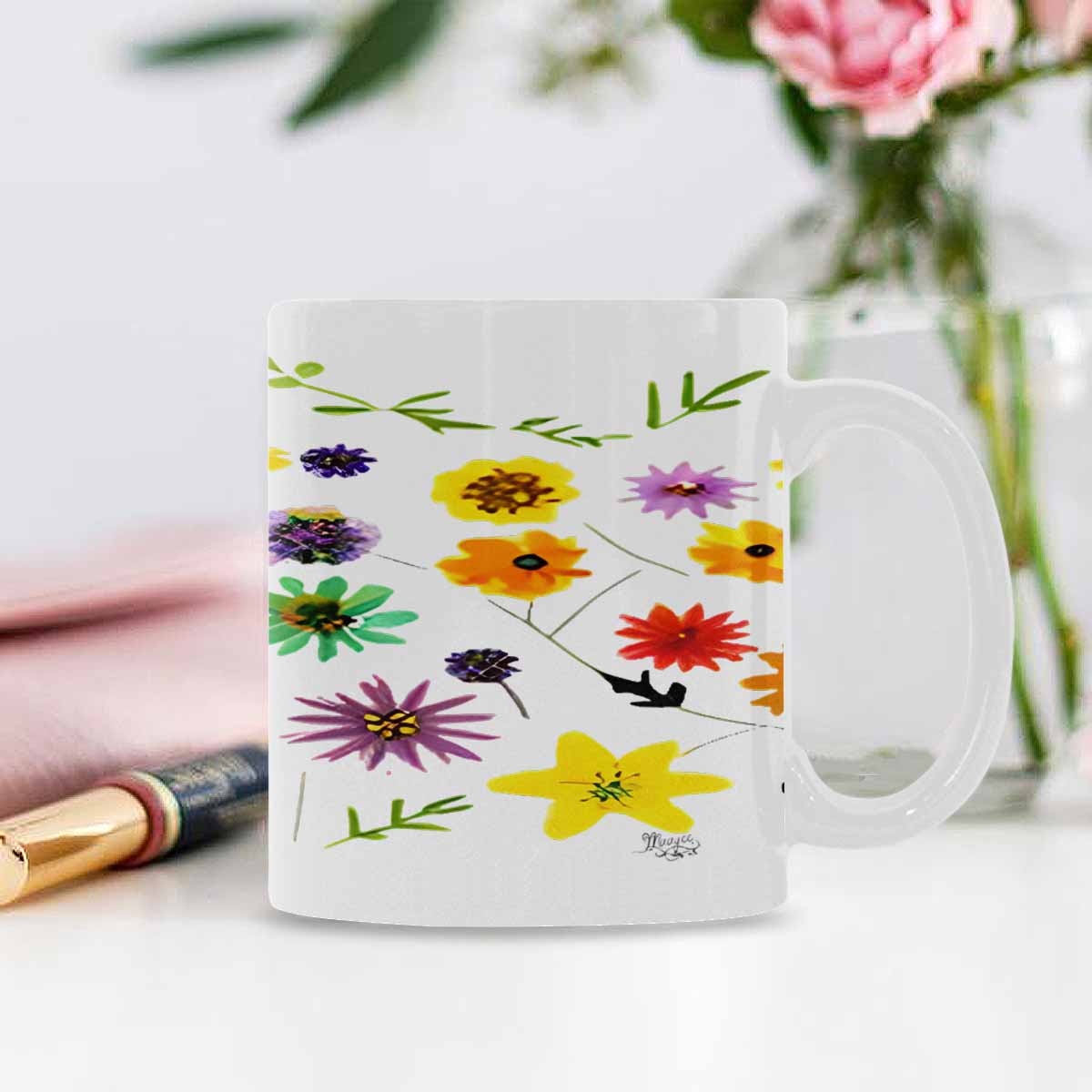 USA made Quality Mug, coffee mug, tea cup, Bright florals, Set 2, design 73