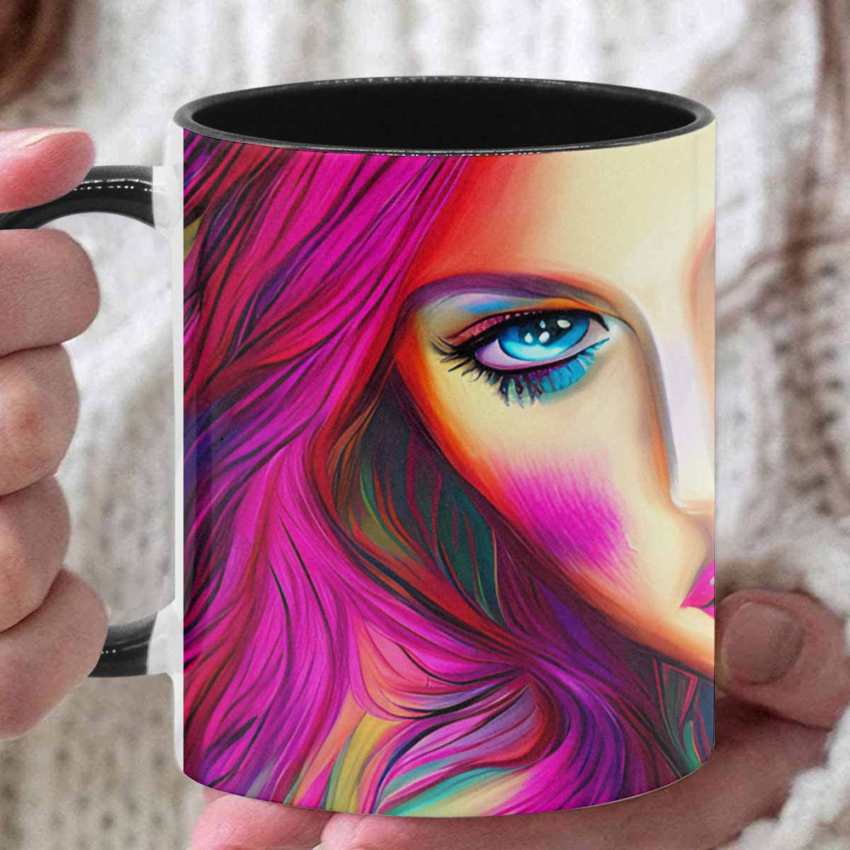 Coffee mug, tea cup, multicolor mug, caucasian type face, design 31