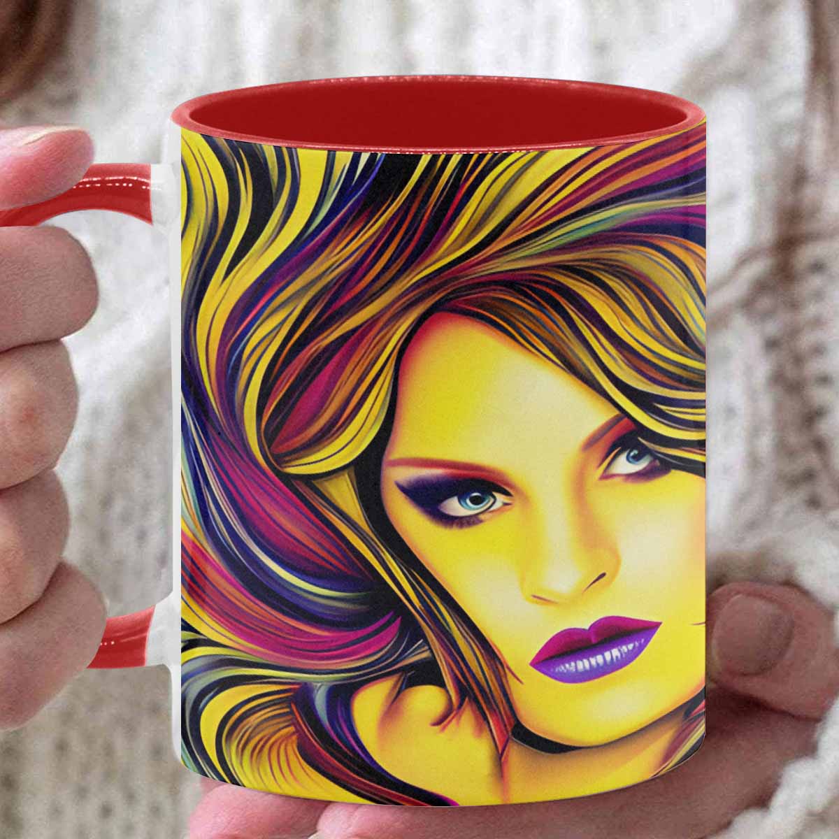 Coffee mug, tea cup, multicolor mug, caucasian type face, design 27