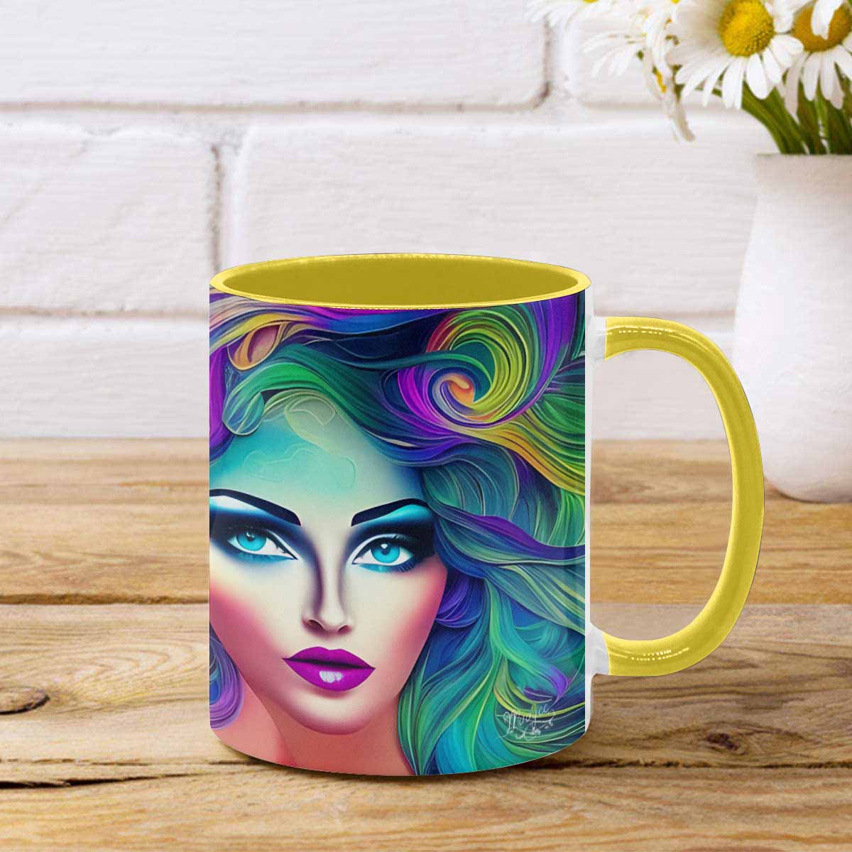 Coffee mug, tea cup, multicolor mug, caucasian type face, design 29